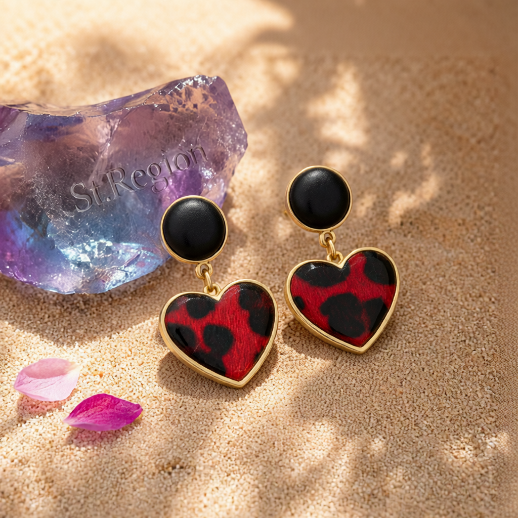 Red Gabardine & 18K Gold-Plated Leopard-Print Heart Leather Drop Earrings