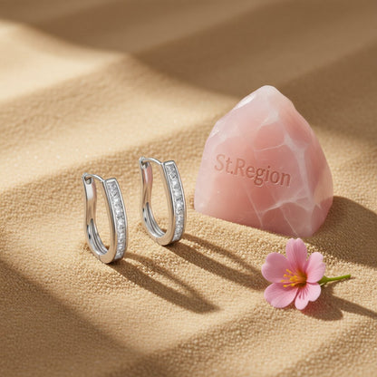 Cubic Zirconia and Silver-Plated U-Shape Huggie Earrings, silver huggie earrings, botanical inspired, detail close-up