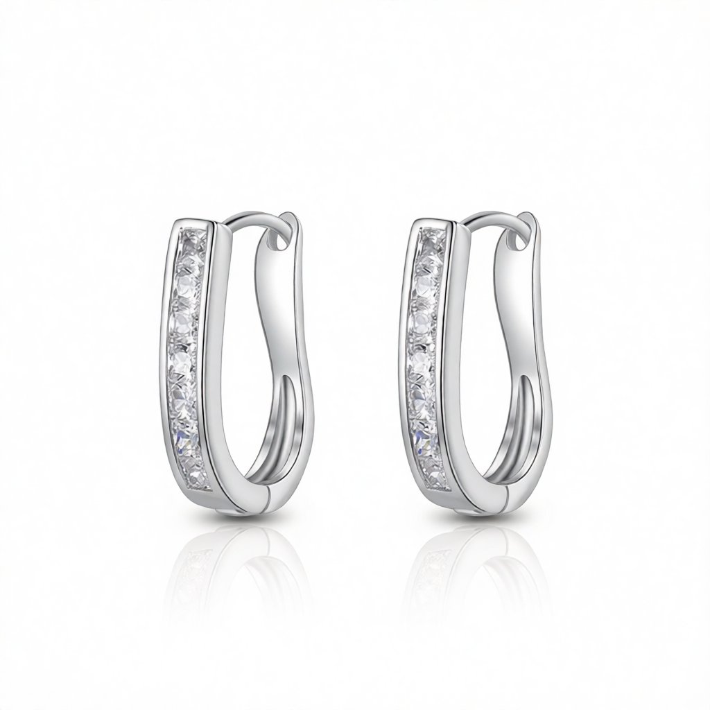 Cubic Zirconia and Silver-Plated U-Shape Huggie Earrings, silver huggie earrings, botanical inspired, side view
