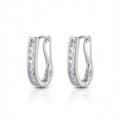 Cubic Zirconia and Silver-Plated U-Shape Huggie Earrings, silver huggie earrings, botanical inspired, side view