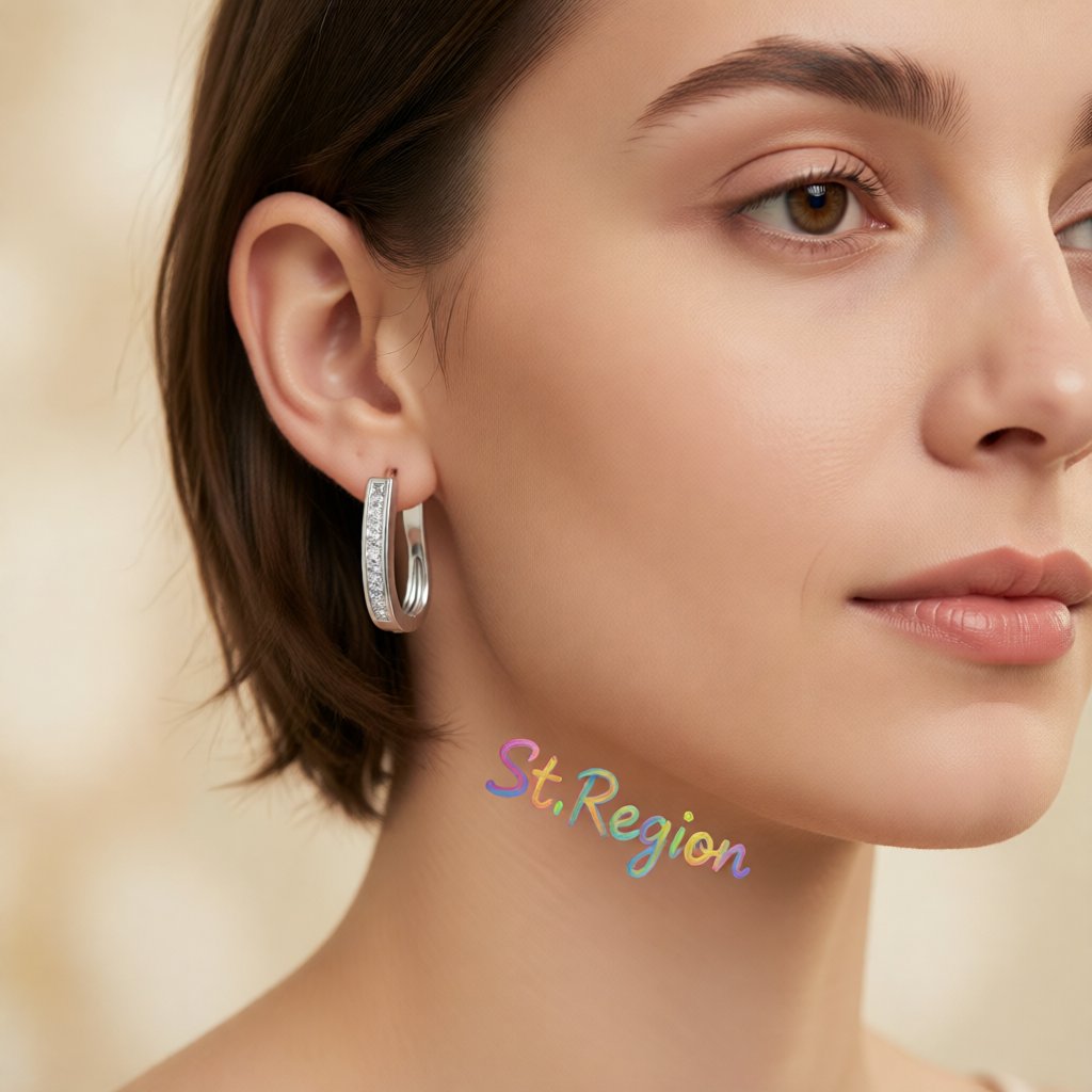 Cubic Zirconia and Silver-Plated U-Shape Huggie Earrings, silver huggie earrings, botanical inspired, styled look
