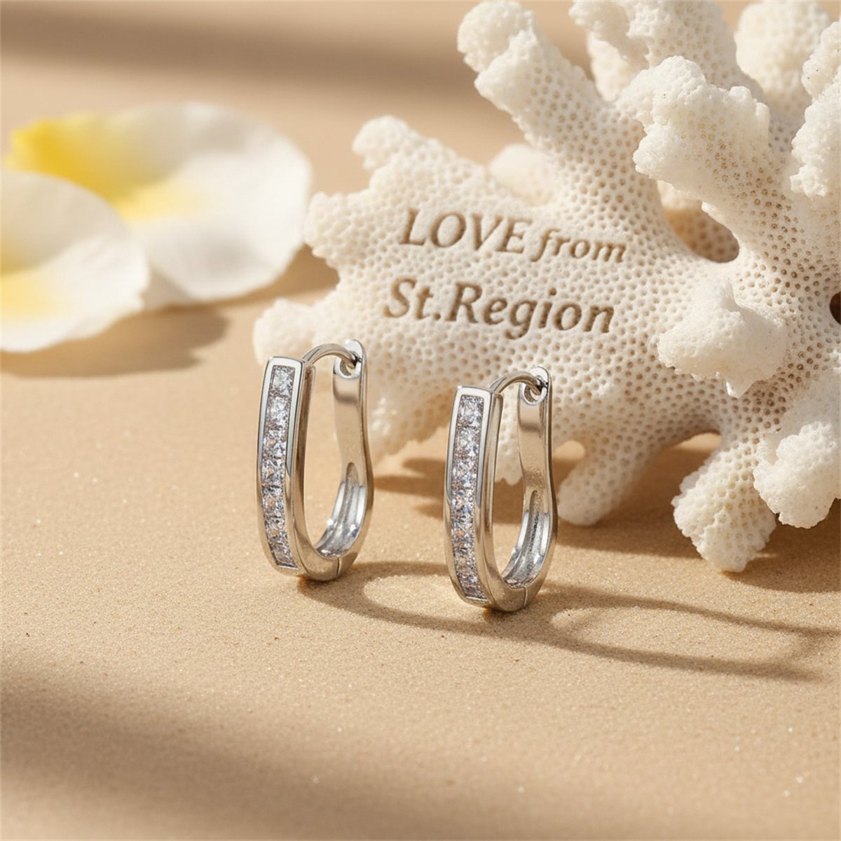 Cubic Zirconia and Silver-Plated U-Shape Huggie Earrings, silver huggie earrings, botanical inspired, lifestyle look