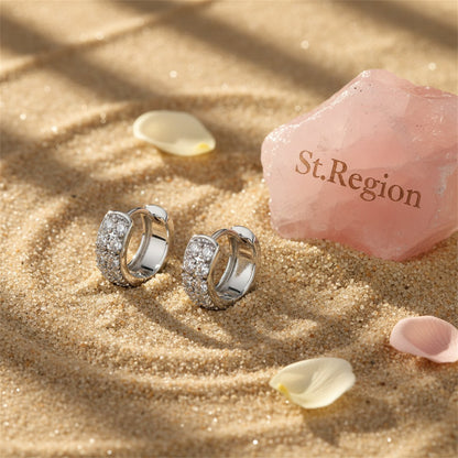 Cubic Zirconia and Silver-Plated Round Huggie Earrings, silver huggie earrings, botanical inspired, detail close-up