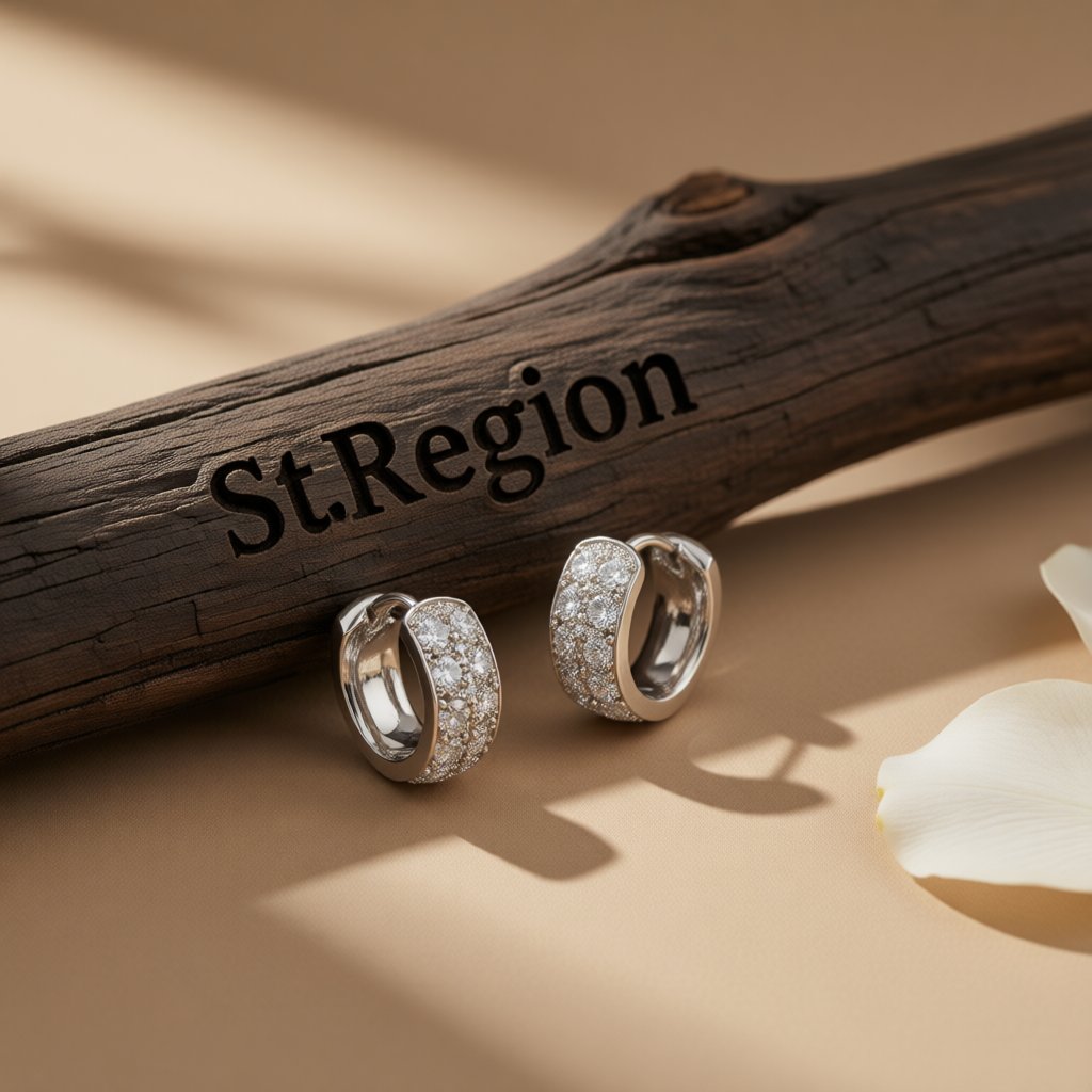 Cubic Zirconia and Silver-Plated Round Huggie Earrings, silver huggie earrings, botanical inspired, front view