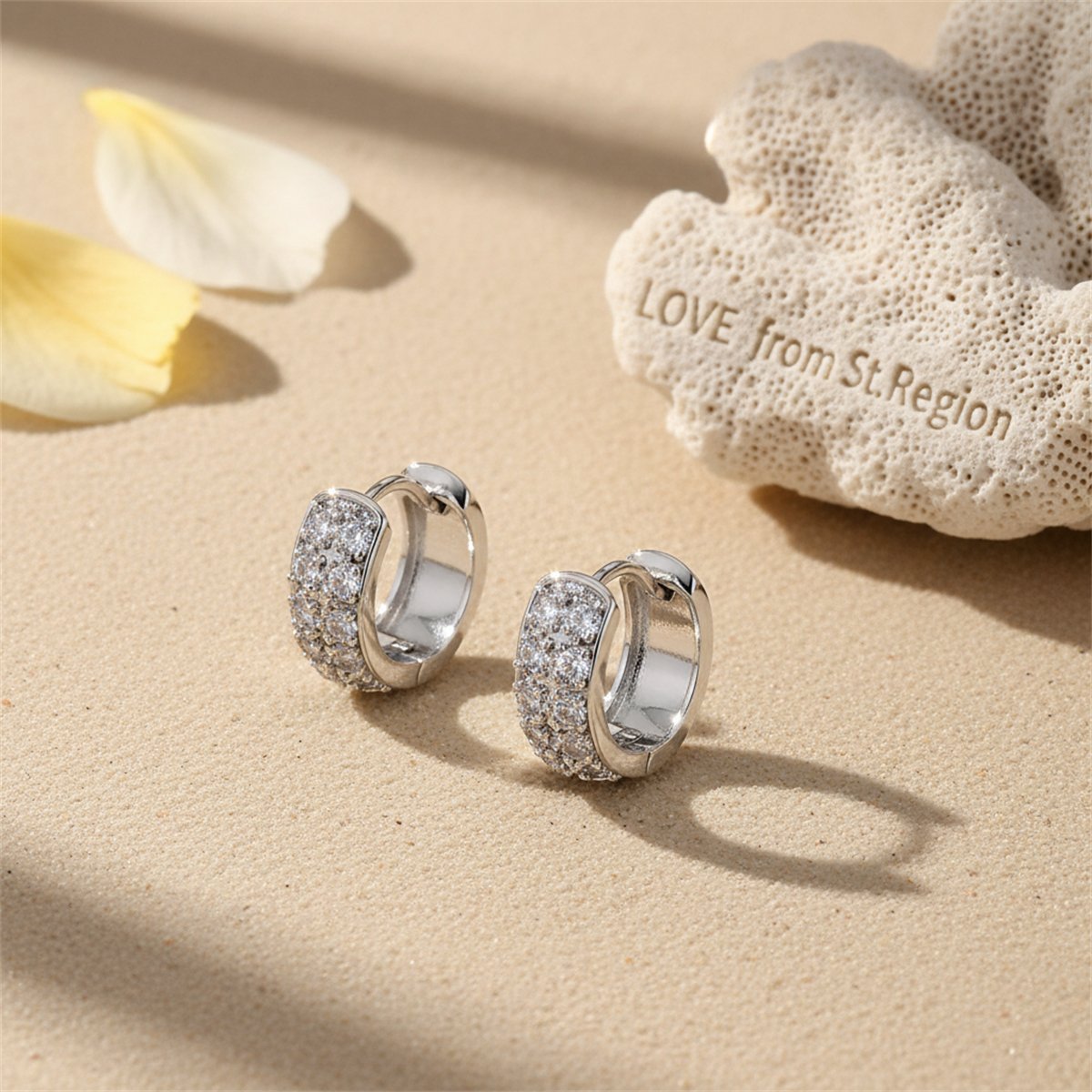 Cubic Zirconia and Silver-Plated Round Huggie Earrings, silver huggie earrings, botanical inspired, lifestyle look
