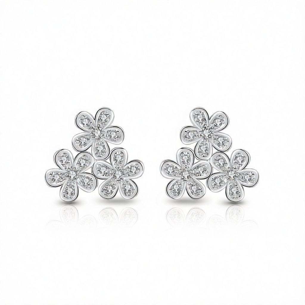 Cubic Zirconia and Silver-Plated Flower Group Stud Earrings, silver stud earrings for women, side view