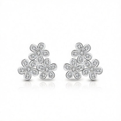 Cubic Zirconia and Silver-Plated Flower Group Stud Earrings, silver stud earrings for women, side view