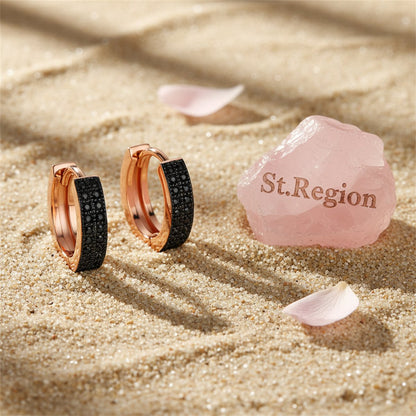 Black Cubic Zirconia and 18K Rose Gold-Plated Huggie Earrings, rose gold huggie earrings, detail close-up