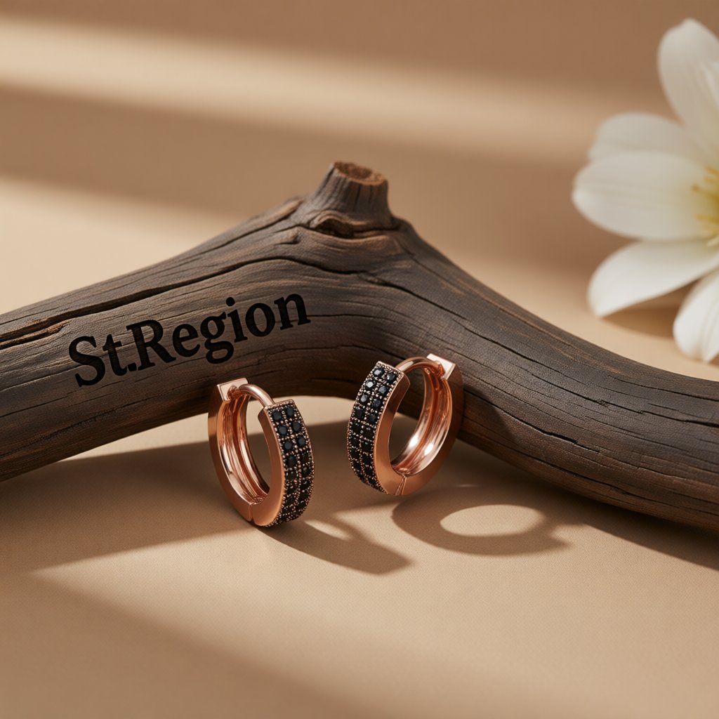 Black Cubic Zirconia and 18K Rose Gold-Plated Huggie Earrings, rose gold huggie earrings, elegant gift for her, front view