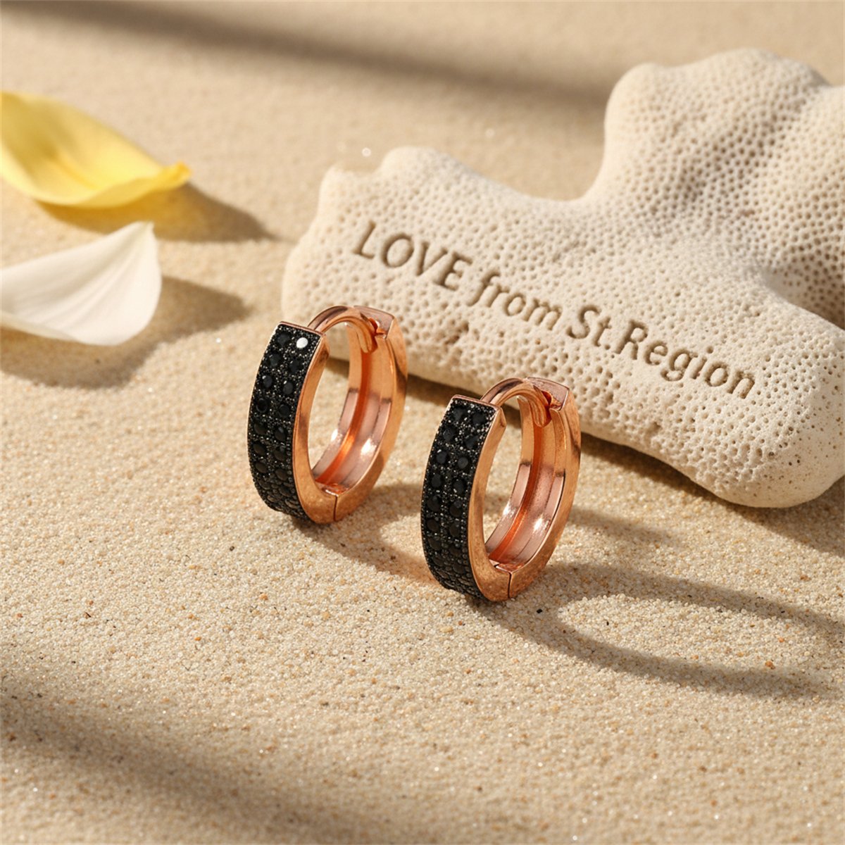 Black Cubic Zirconia and 18K Rose Gold-Plated Huggie Earrings, rose gold huggie earrings, lifestyle look