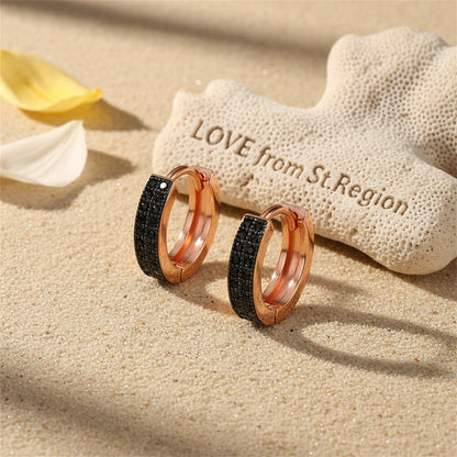 Black Cubic Zirconia and 18K Rose Gold-Plated Huggie Earrings, rose gold huggie earrings, lifestyle look