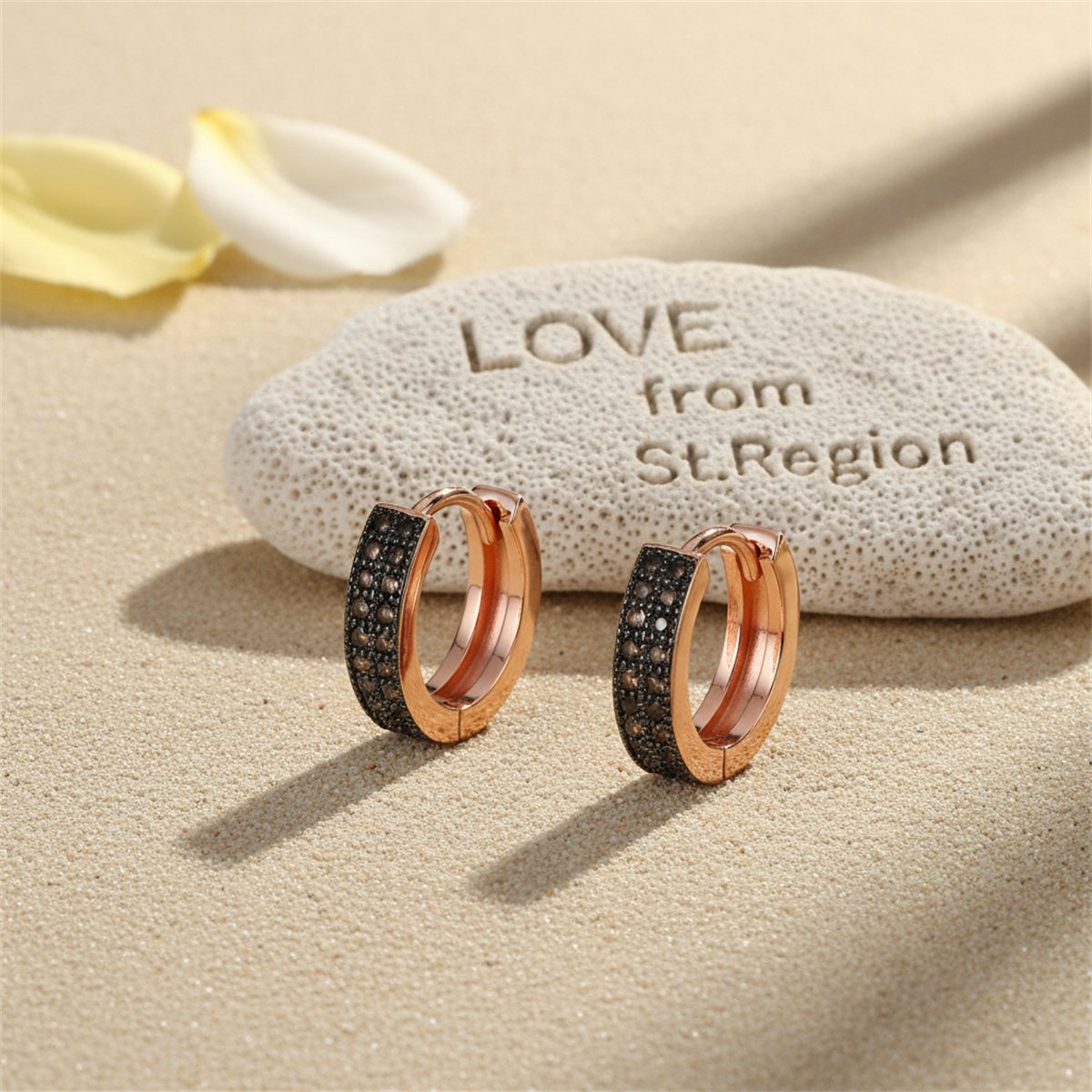 Yellow Cubic Zirconia and 18K Rose Gold-Plated Huggie Earrings, rose gold huggie earrings, lifestyle look