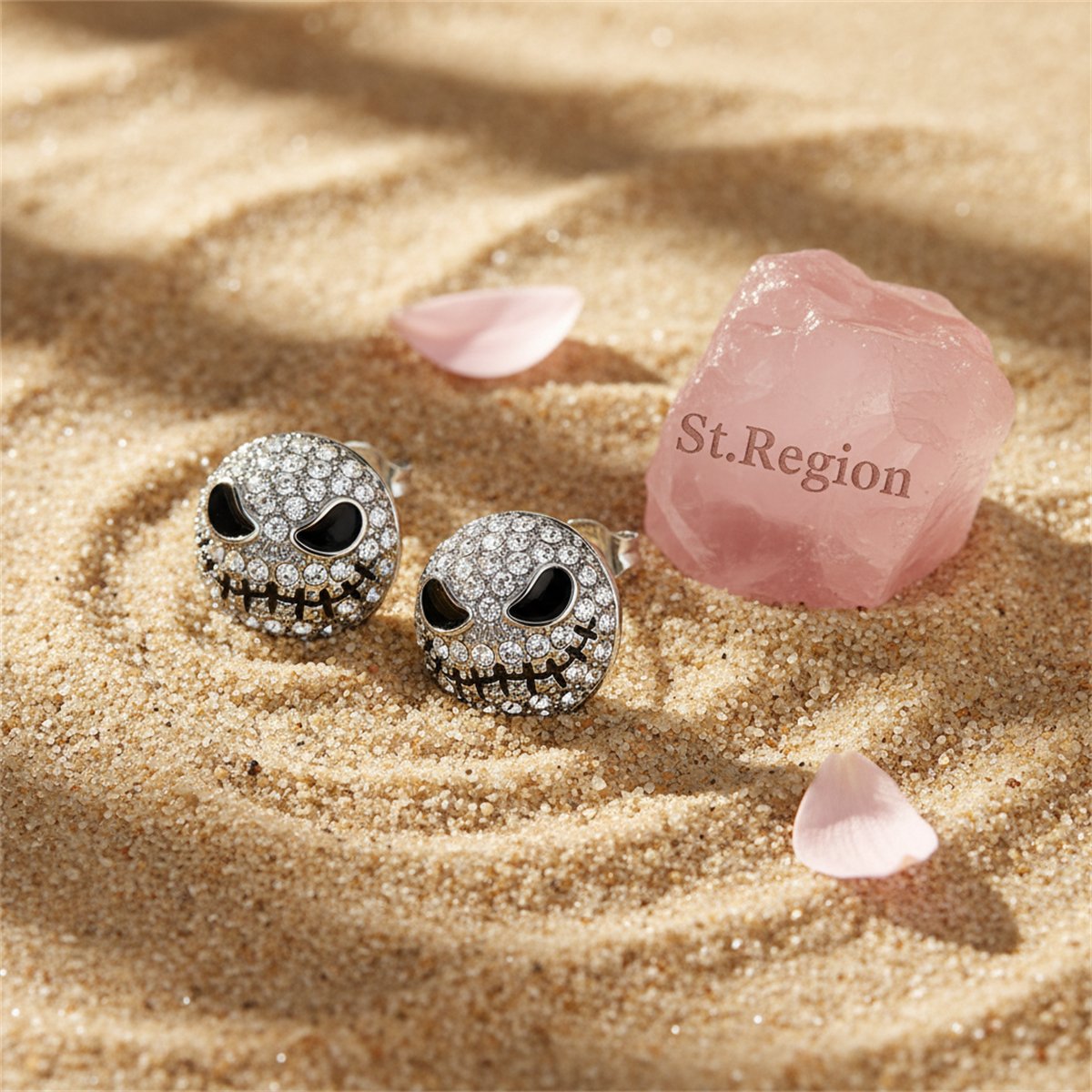 Cubic Zirconia and Silver-Plated Ghost Stud Earrings, silver stud earrings for women, botanical inspired, detail close-up