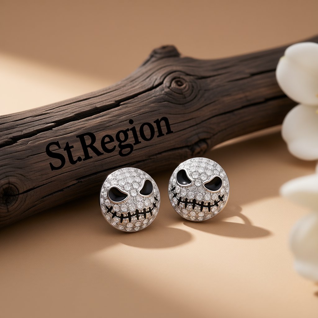 Cubic Zirconia and Silver-Plated Ghost Stud Earrings, silver stud earrings for women, botanical inspired, front view