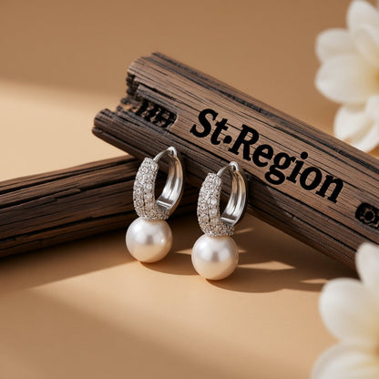 Pearl and Cubic Zirconia Huggie Earrings, huggie earrings, dainty minimalist design, front view