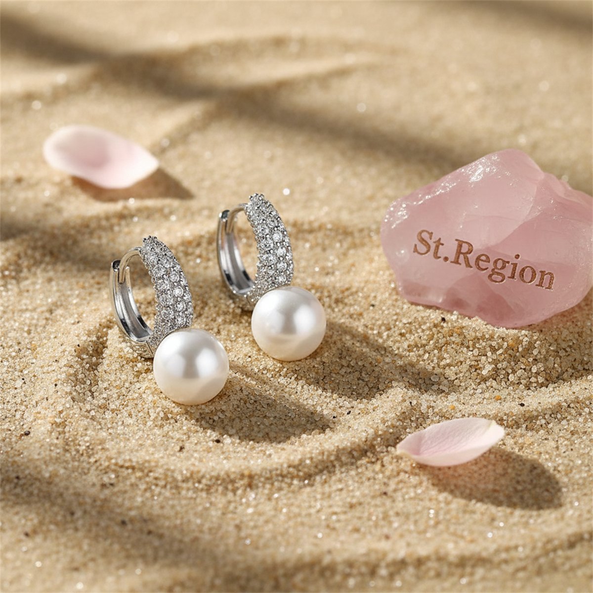 Pearl and Cubic Zirconia Huggie Earrings, huggie earrings, dainty minimalist design, detail close-up