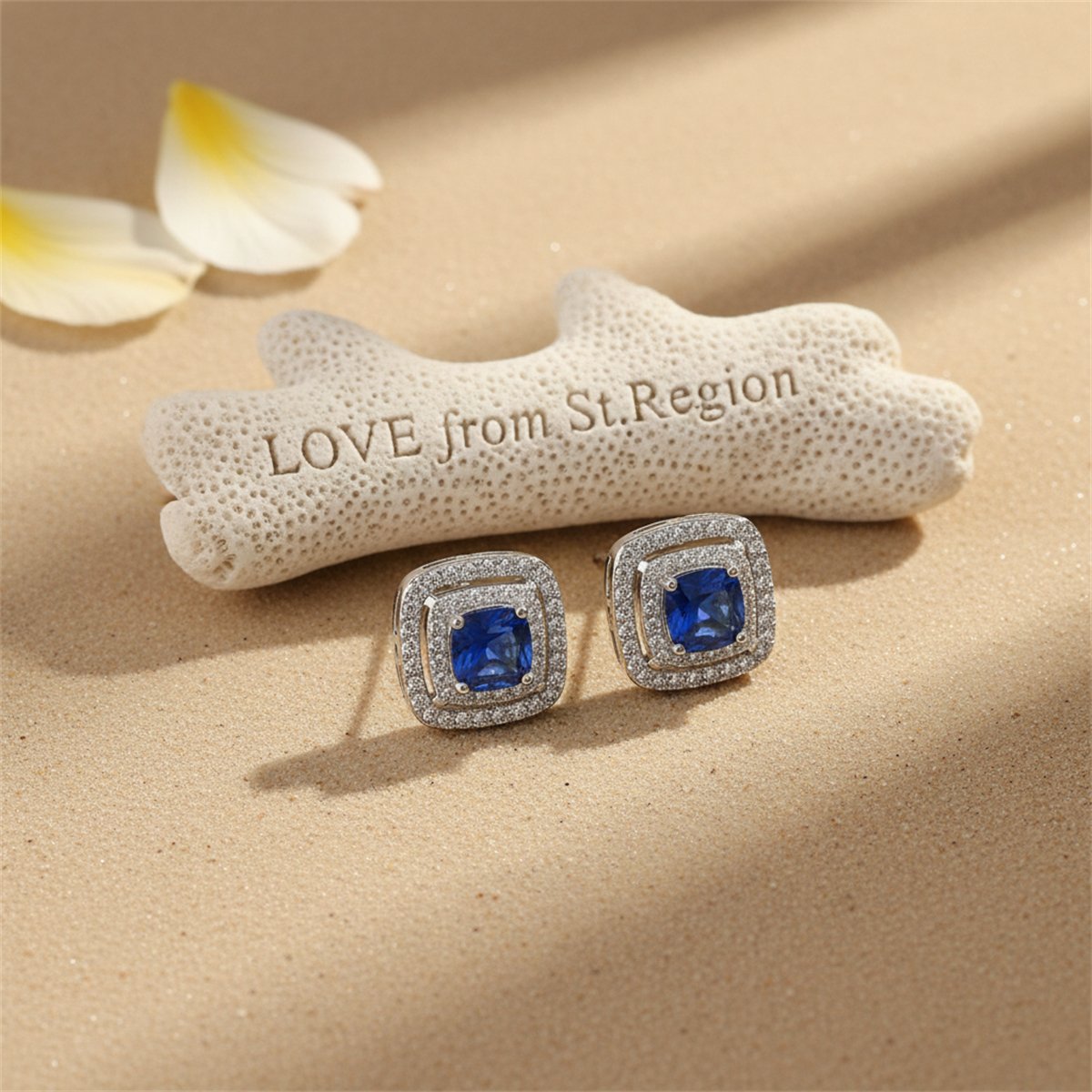 Blue Crystal and Cubic Zirconia Silver-Plated Halo Square Stud Earrings, silver stud earrings for women, lifestyle look