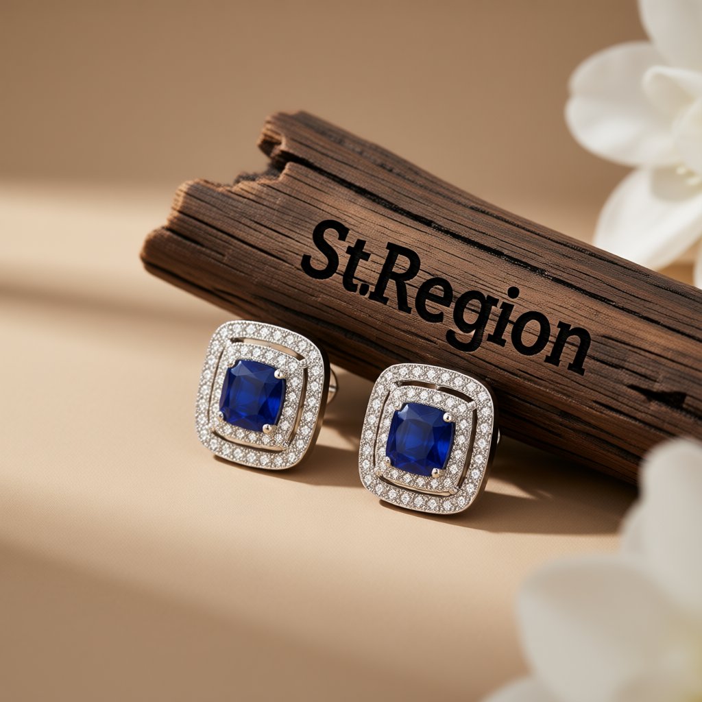 Blue Crystal and Cubic Zirconia Silver-Plated Halo Square Stud Earrings, silver stud earrings for women, front view