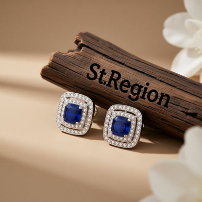 Blue Crystal and Cubic Zirconia Silver-Plated Halo Square Stud Earrings, silver stud earrings for women, front view