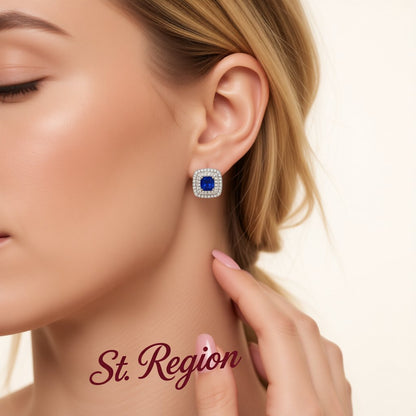 Blue Crystal and Cubic Zirconia Silver-Plated Halo Square Stud Earrings, silver stud earrings for women, styled look