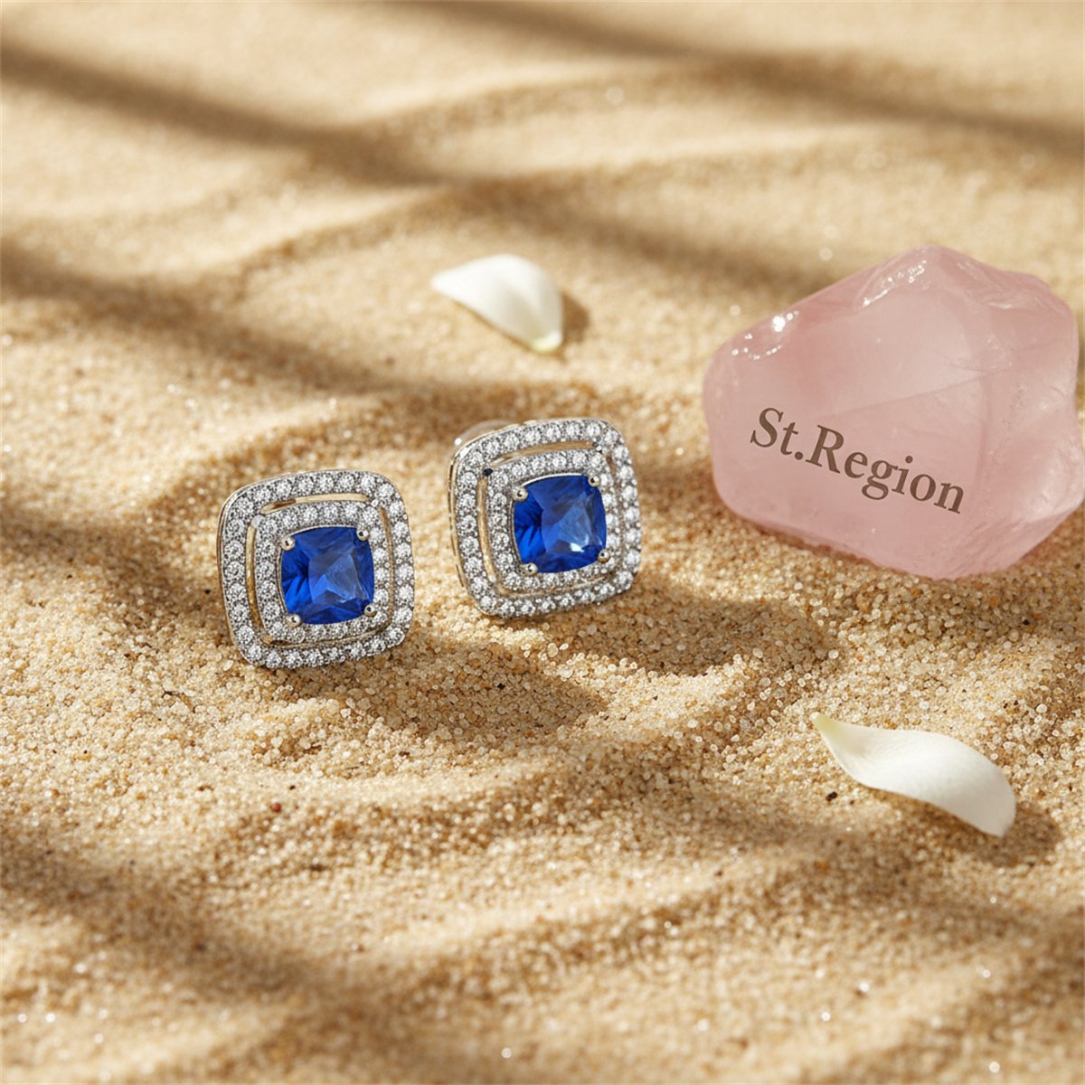 Blue Crystal and Cubic Zirconia Silver-Plated Halo Square Stud Earrings, silver stud earrings for women, detail close-up