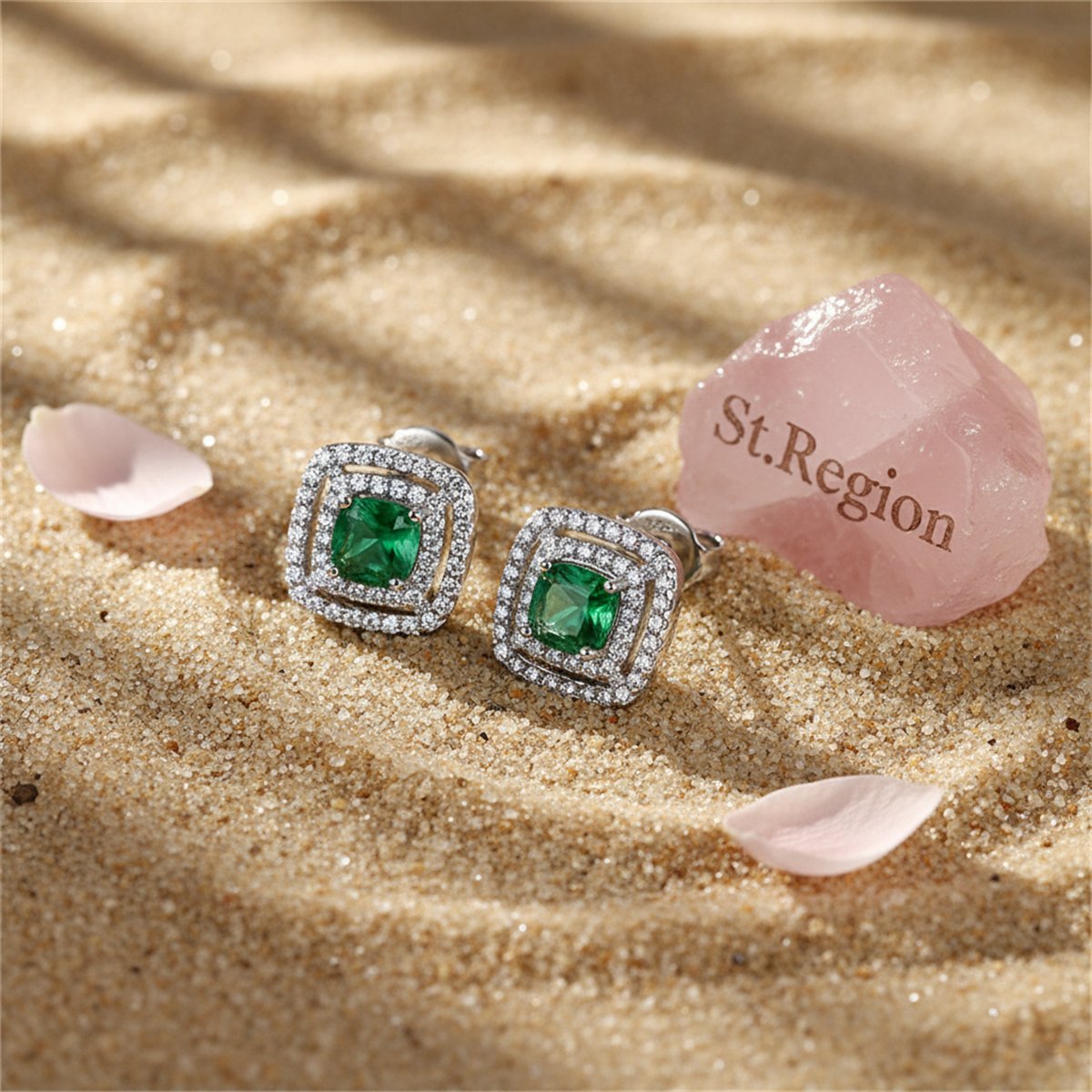 Green Crystal and Cubic Zirconia Halo Stud Earrings, cubic zirconia stud earrings for women, detail close-up