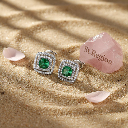 Green Crystal and Cubic Zirconia Halo Stud Earrings, cubic zirconia stud earrings for women, detail close-up