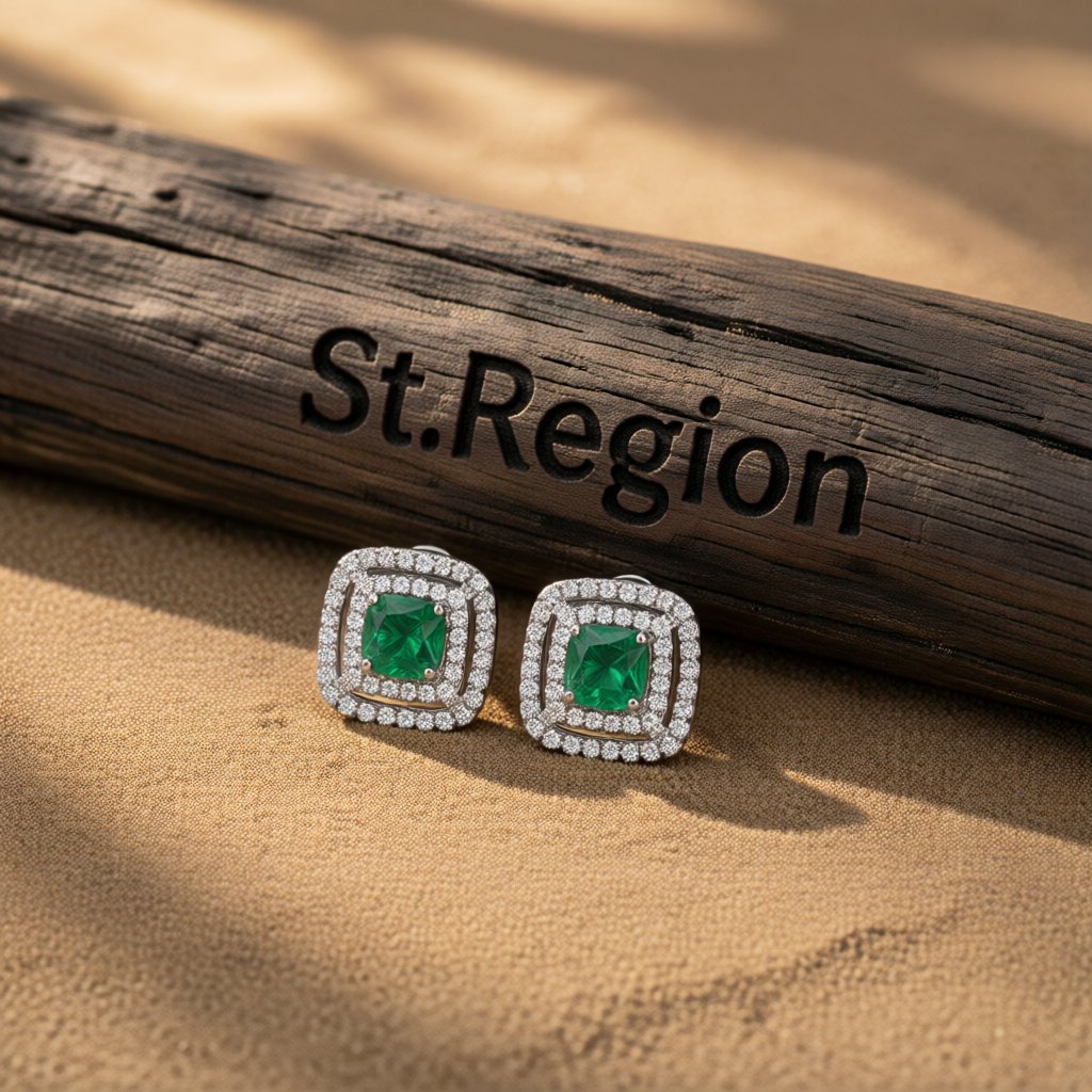 Green Crystal and Cubic Zirconia Halo Stud Earrings, cubic zirconia stud earrings for women, botanical inspired, front view
