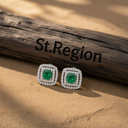 Green Crystal and Cubic Zirconia Halo Stud Earrings, cubic zirconia stud earrings for women, botanical inspired, front view