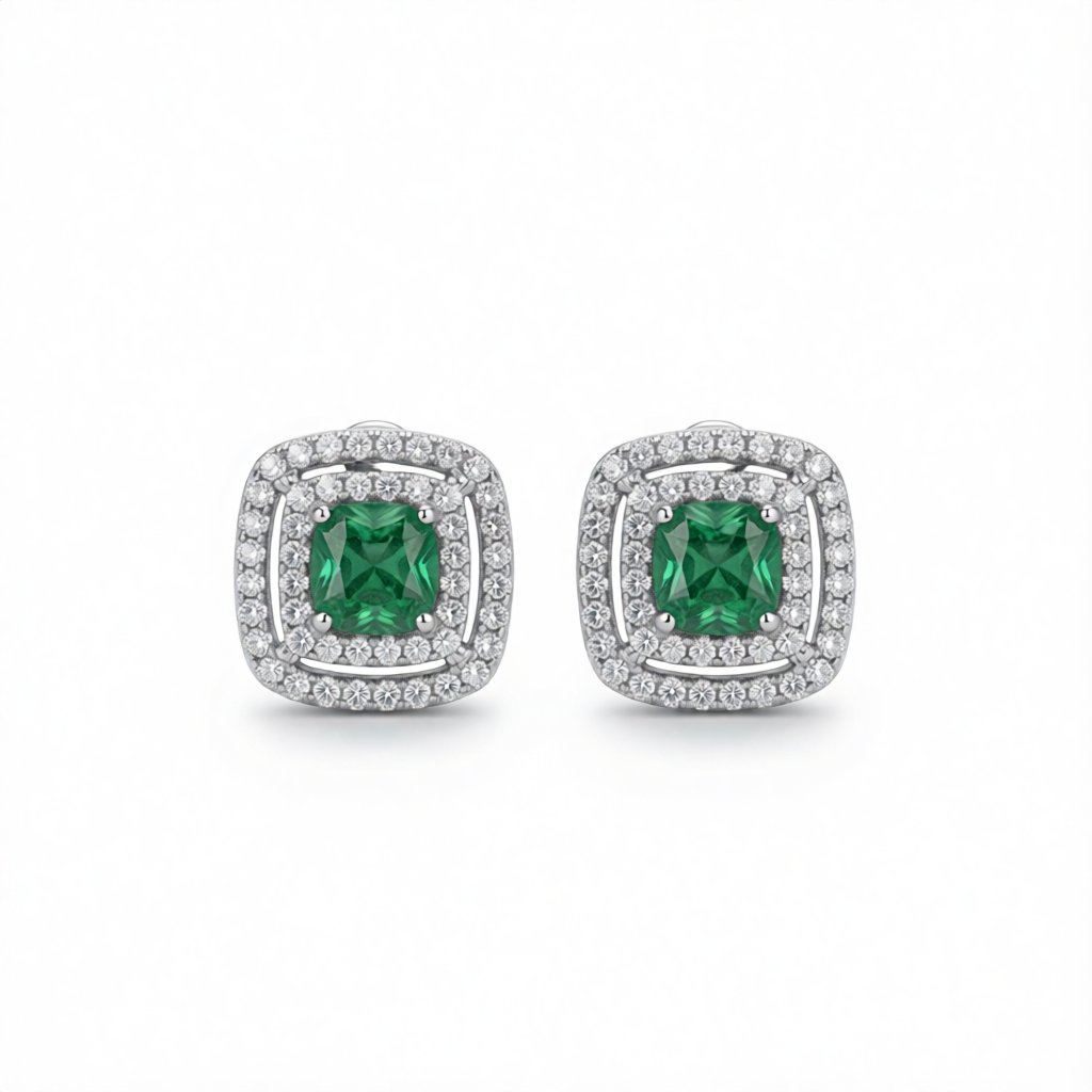 Green Crystal and Cubic Zirconia Halo Stud Earrings, cubic zirconia stud earrings for women, botanical inspired, side view
