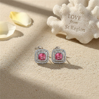 Red Crystal and Cubic Zirconia Silver-Plated Halo Square Stud Earrings, silver stud earrings for women, lifestyle look