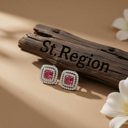 Red Crystal and Cubic Zirconia Silver-Plated Halo Square Stud Earrings, cubic zirconia stud earrings for women, front view