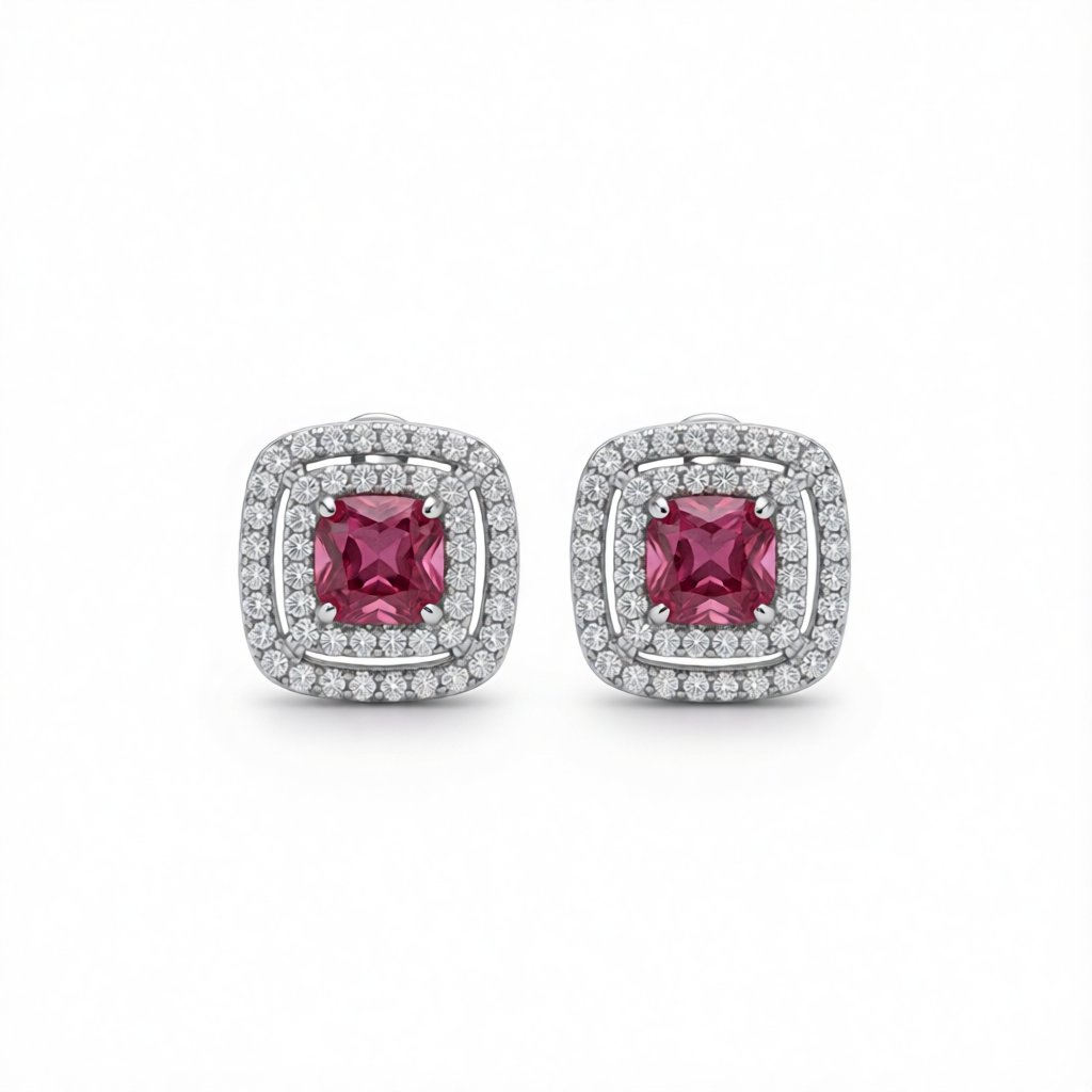Red Crystal and Cubic Zirconia Silver-Plated Halo Square Stud Earrings, cubic zirconia stud earrings for women, side view