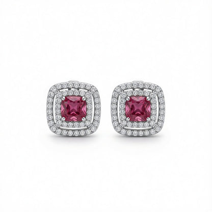 Red Crystal and Cubic Zirconia Silver-Plated Halo Square Stud Earrings, cubic zirconia stud earrings for women, side view