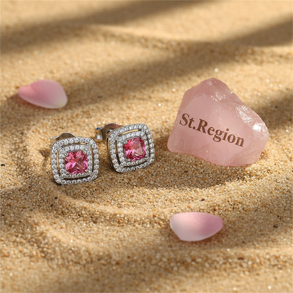 Red Crystal and Cubic Zirconia Silver-Plated Halo Square Stud Earrings, silver stud earrings for women, detail close-up