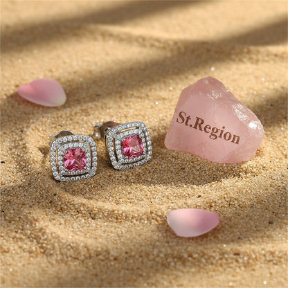 Red Crystal and Cubic Zirconia Silver-Plated Halo Square Stud Earrings, silver stud earrings for women, detail close-up