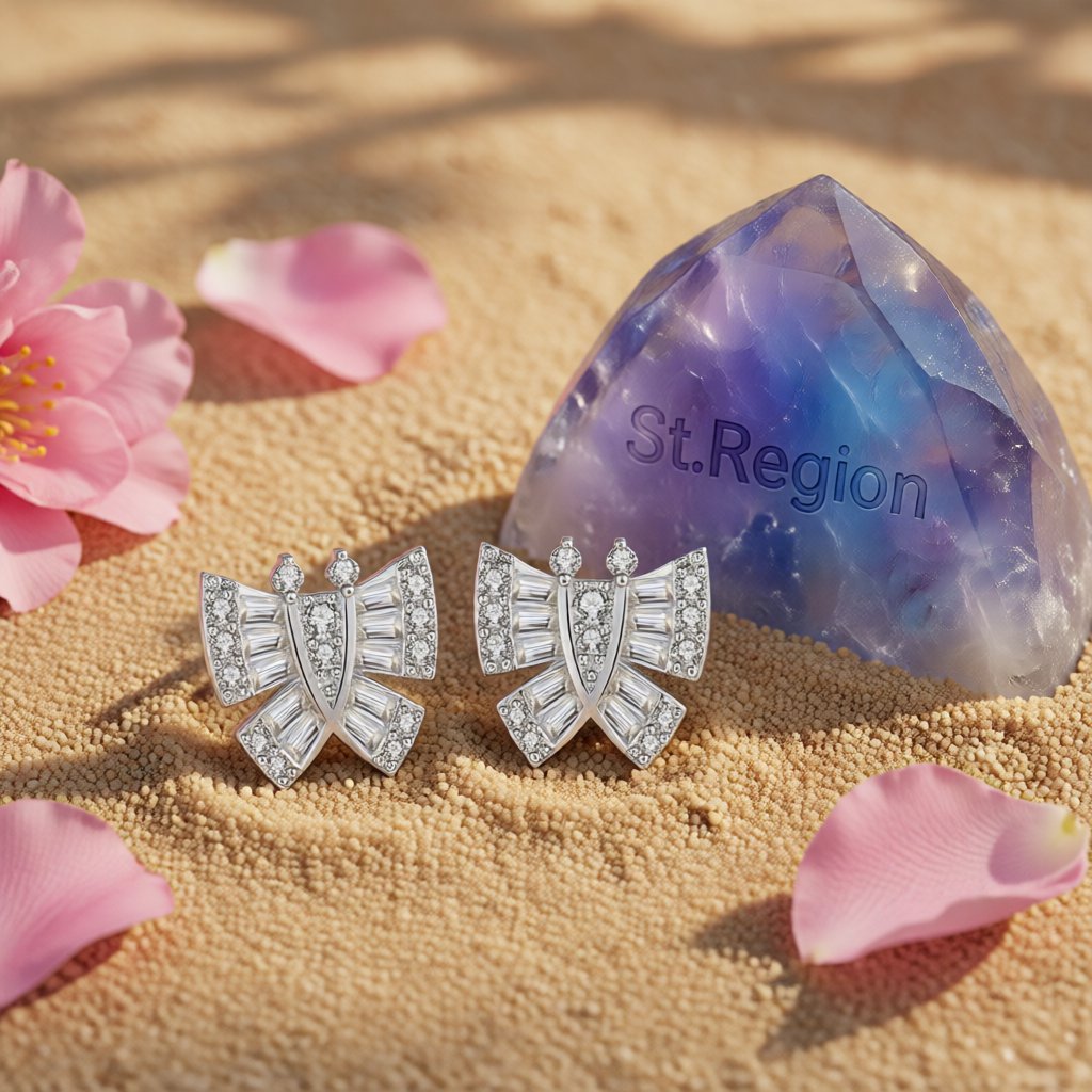 Crystal and Cubic Zirconia Butterfly Stud Earrings, stud earrings for women, everyday style, detail close-up