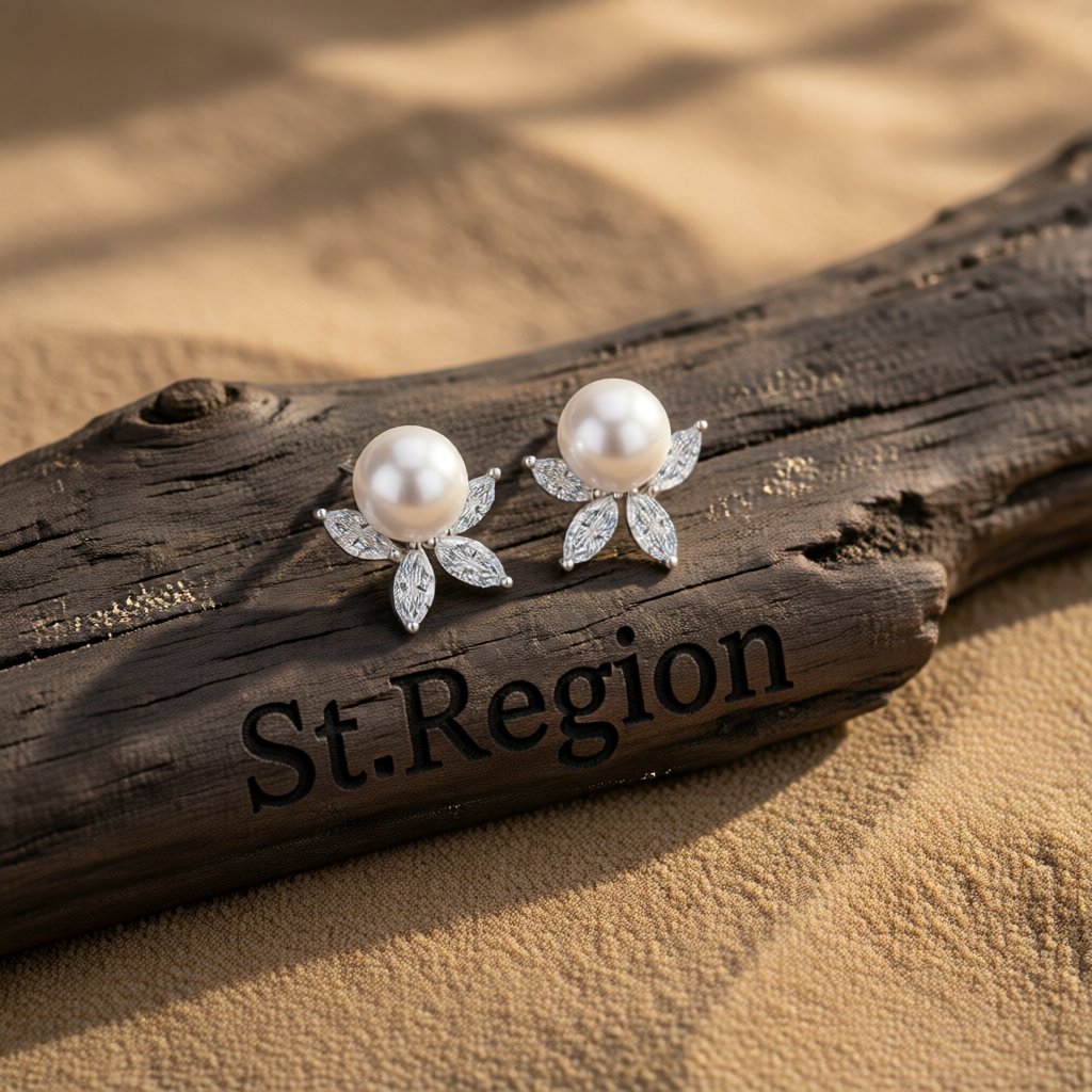 Crystal and Pearl Silver-Plated Flower Stud Earrings, silver stud earrings for women, elegant gift for her, front view