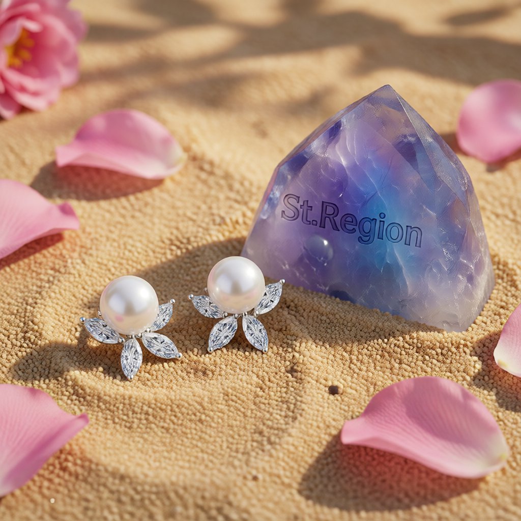 Crystal and Pearl Silver-Plated Flower Stud Earrings, silver stud earrings for women, elegant gift for her, detail close-up