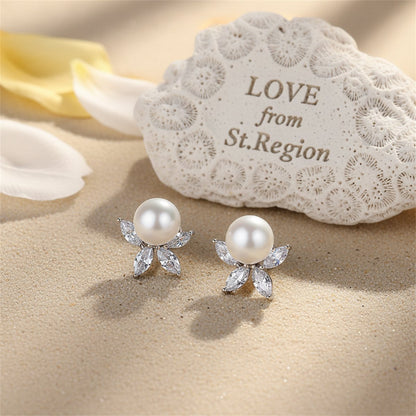 Crystal and Pearl Silver-Plated Flower Stud Earrings, silver stud earrings for women, elegant gift for her, lifestyle look