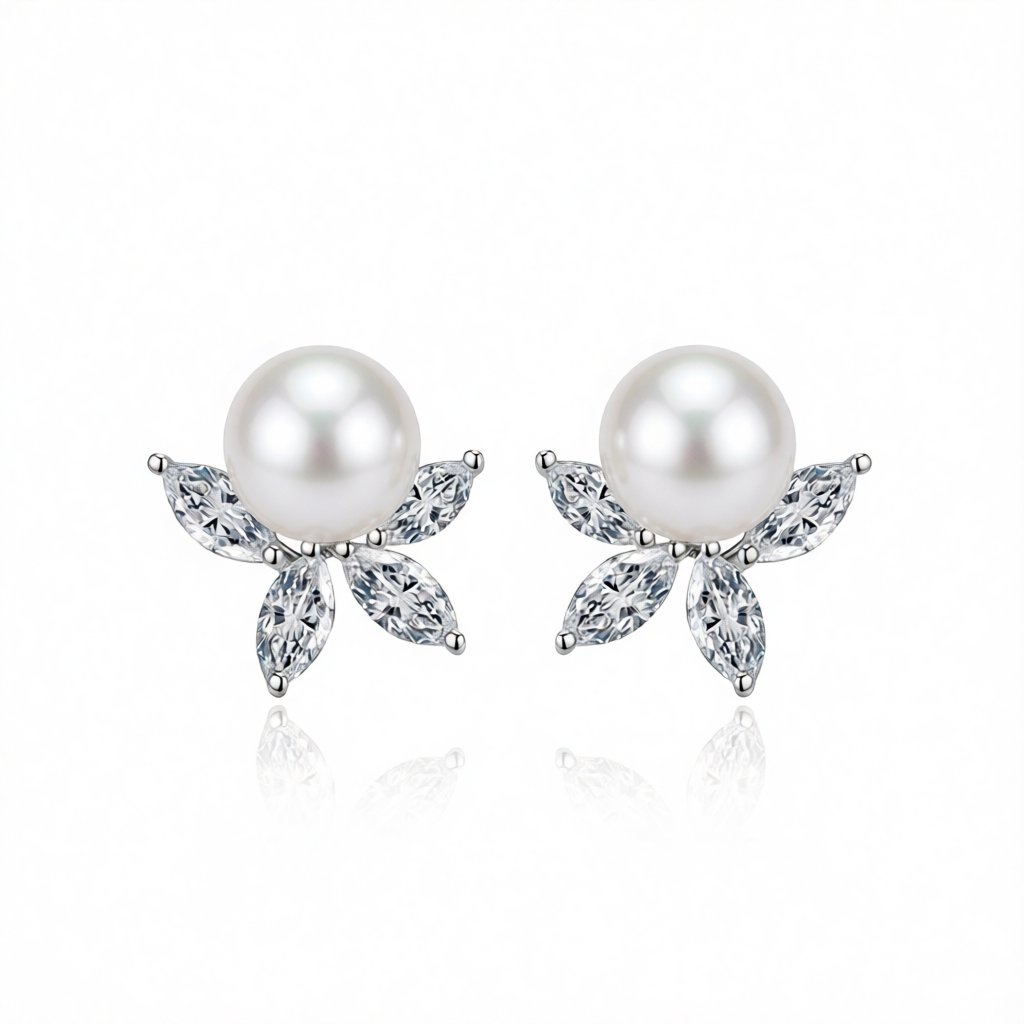 Crystal and Pearl Silver-Plated Flower Stud Earrings, silver stud earrings for women, elegant gift for her, side view