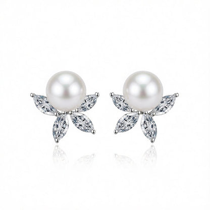 Crystal and Pearl Silver-Plated Flower Stud Earrings, silver stud earrings for women, elegant gift for her, side view