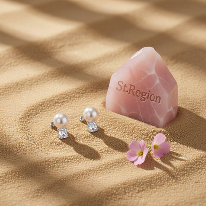 Pearl and Crystal Silver-Plated Stud Earrings, cubic zirconia stud earrings for women, elegant gift for her, detail close-up