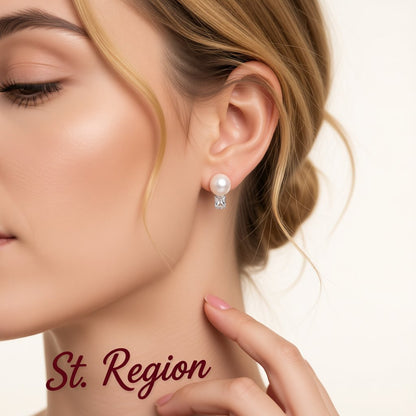 Pearl and Crystal Silver-Plated Stud Earrings, cubic zirconia stud earrings for women, elegant gift for her, styled look