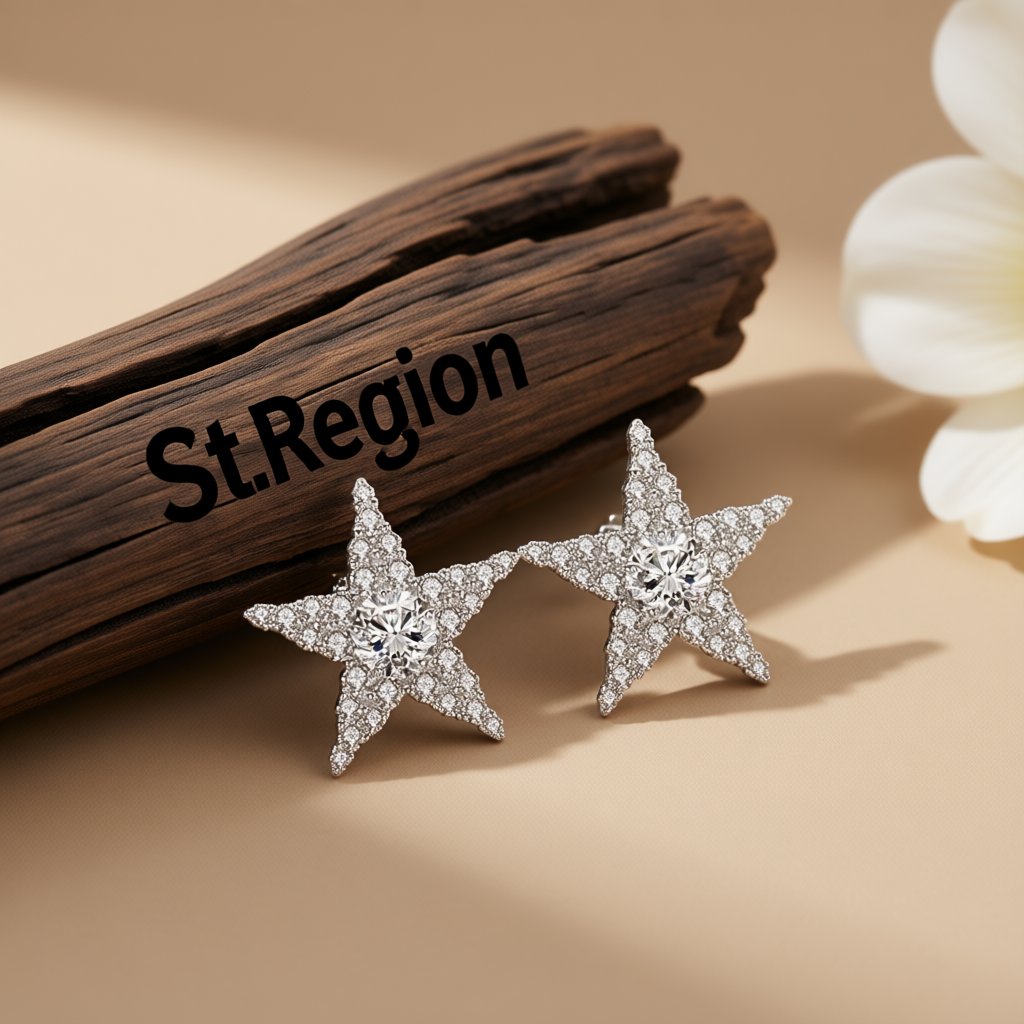 Crystal and Cubic Zirconia Silver-Plated Star Stud Earrings, silver stud earrings for women, botanical inspired, front view