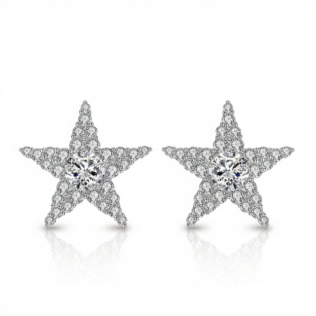 Crystal and Cubic Zirconia Silver-Plated Star Stud Earrings, silver stud earrings for women, botanical inspired, side view