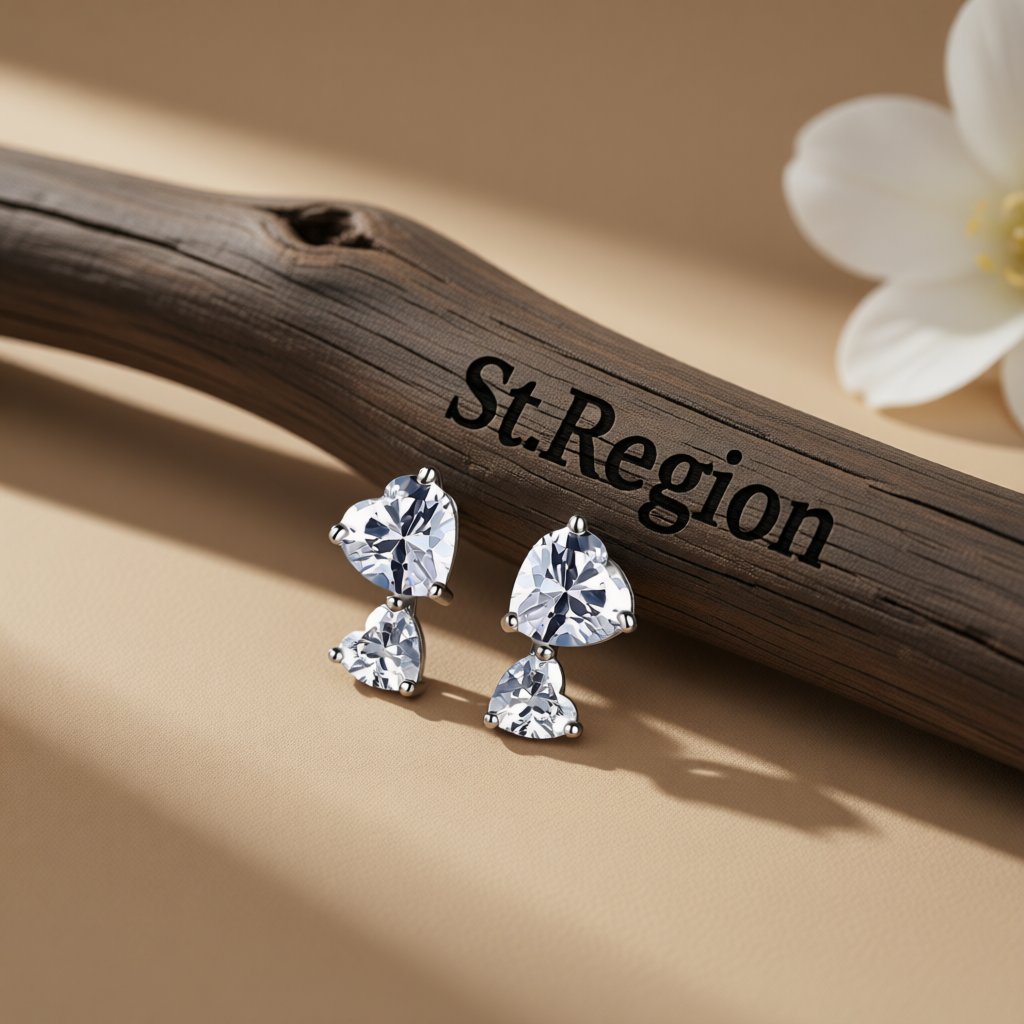 Crystal and Silver-Plated Double Heart Stud Earrings, silver stud earrings for women, elegant gift for her, front view