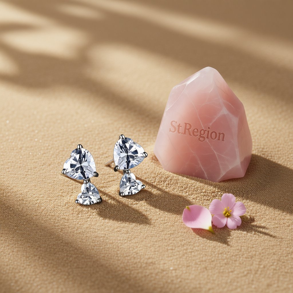 Crystal and Silver-Plated Double Heart Stud Earrings, silver stud earrings for women, elegant gift for her, detail close-up