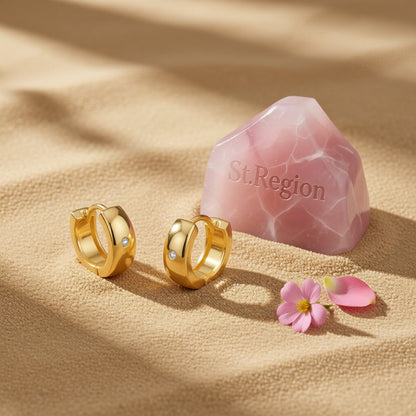 Cubic Zirconia and 18K Gold-Plated Huggie Earrings, gold huggie earrings, vintage-inspired design, detail close-up