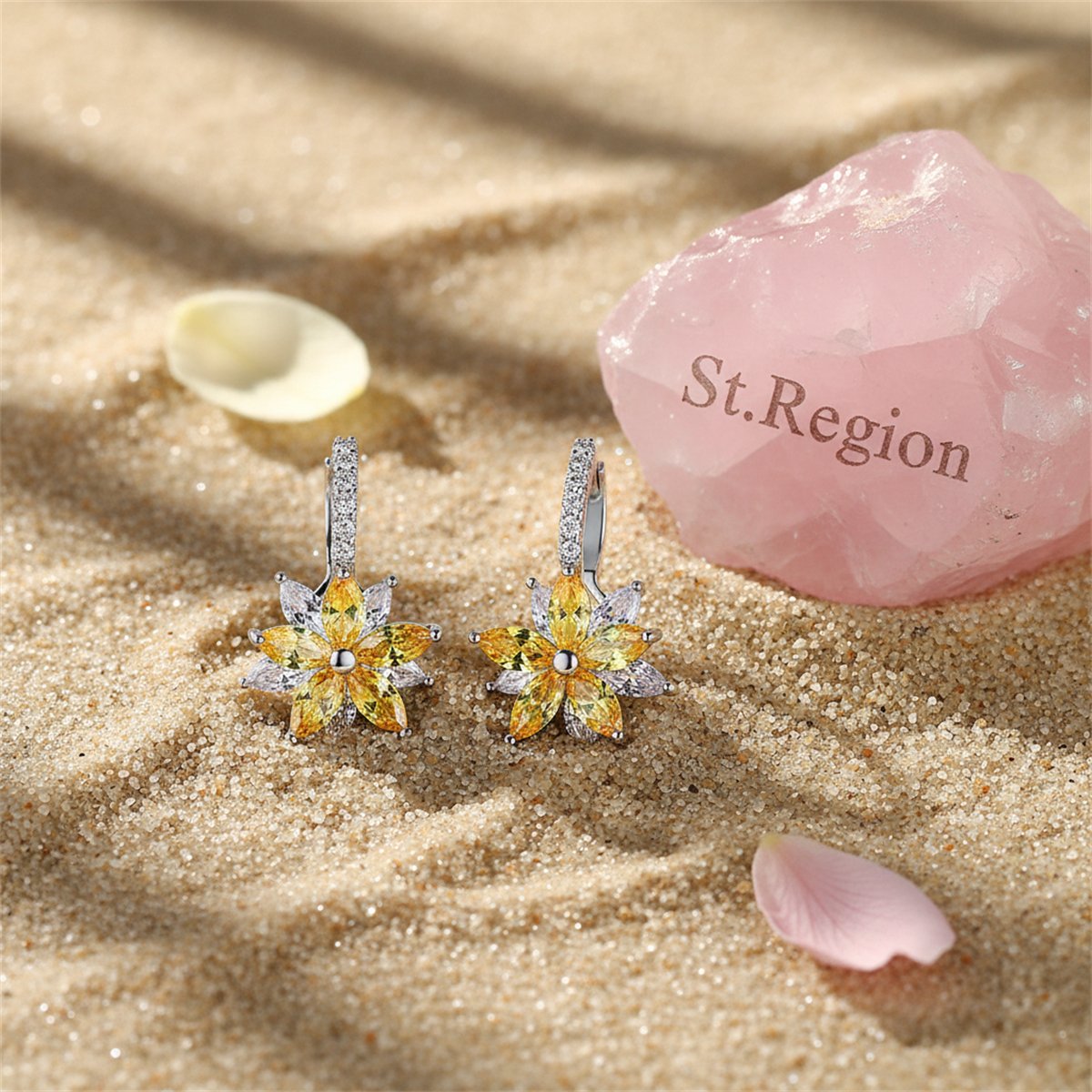 Yellow Crystal and Cubic Zirconia Flower Huggie Earrings, huggie earrings, everyday style, detail close-up